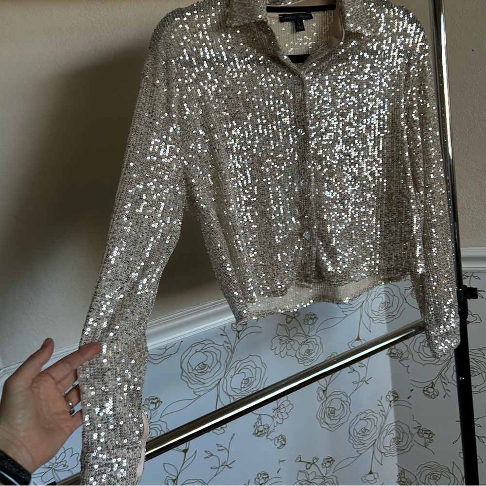 Boxy sparkle sequined button up blouse shirt silver nwot - Picture 2 of 5